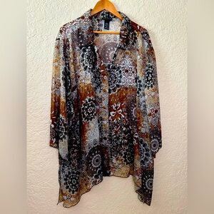 🩷 Maggie Barnes Women 5X Flare Semi sheer Button Down Shirt Gold Chocolate brown